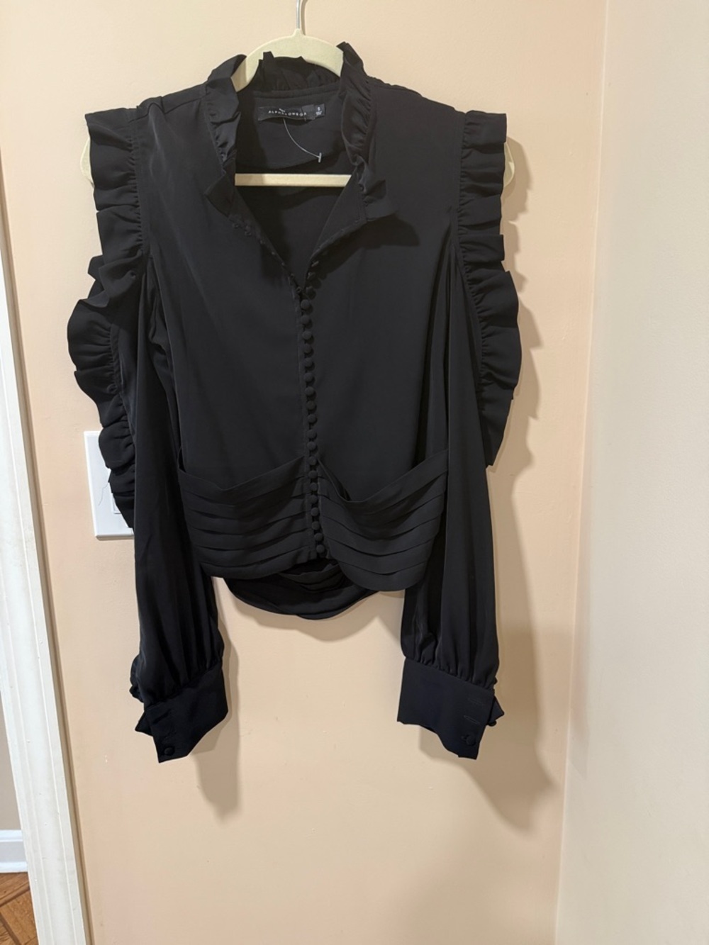 Black Ruffle-Trim Button Front Blouse